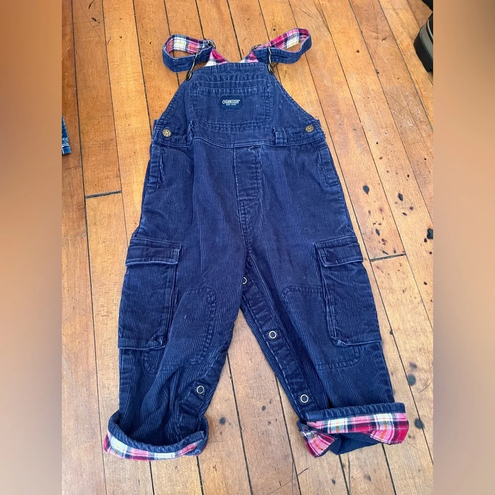 Oshkosh blue corduroy, flannel trimmed bib overalls